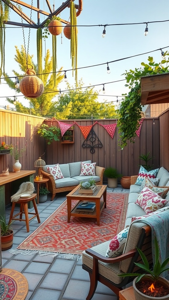 Cozy outdoor seating area with plants, cushions, and string lights