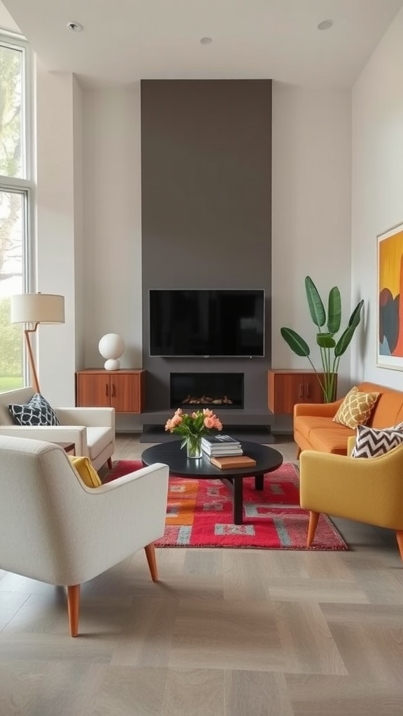 A cozy living room featuring mid-century modern furniture with colorful chairs, a round coffee table, and a vibrant rug.