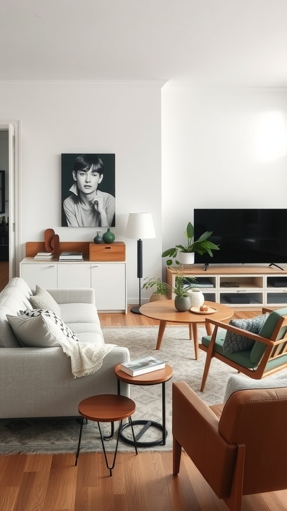 A cozy living room featuring a mix of modern and vintage decor elements, including a light-colored sofa, wooden side tables, and contemporary artwork.