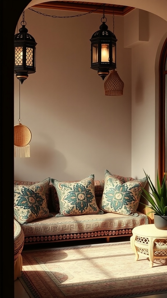 A cozy Moroccan-inspired seating area with ornate lanterns, floral cushions, and a round coffee table.