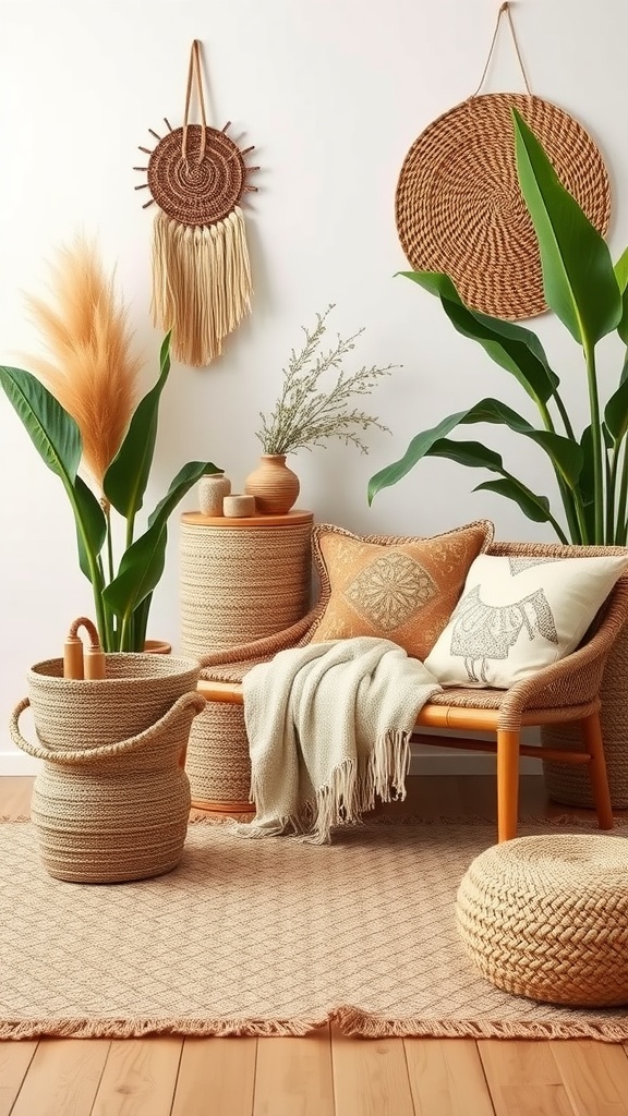 A cozy seating area featuring natural fiber decor with plants, woven textiles, and wall hangings.