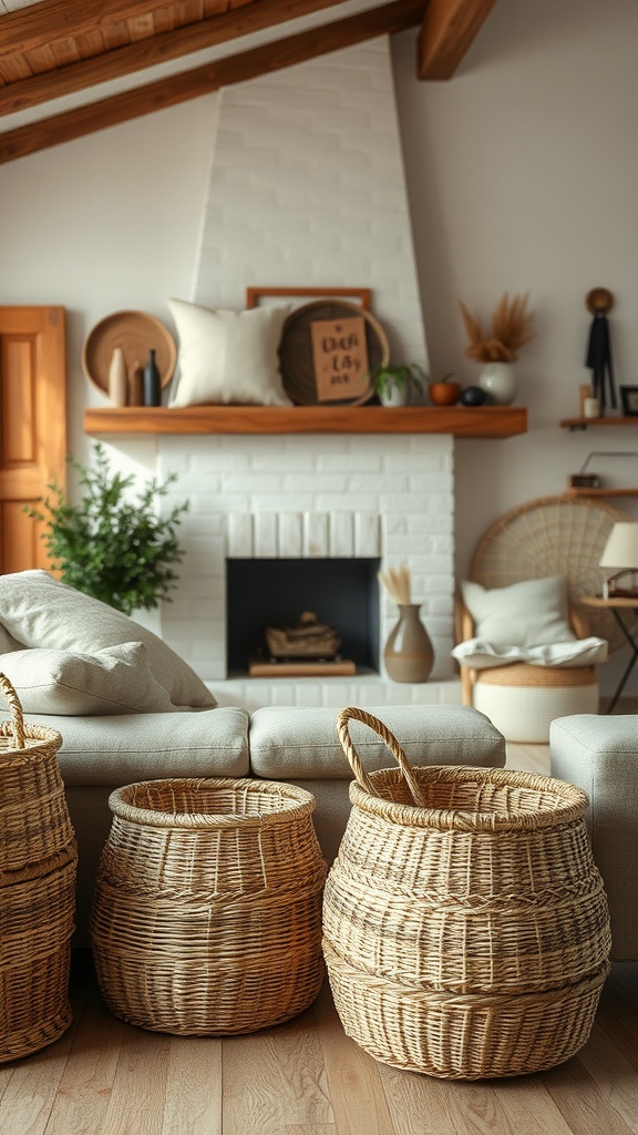 Cozy rustic living room with natural fiber baskets and a fireplace