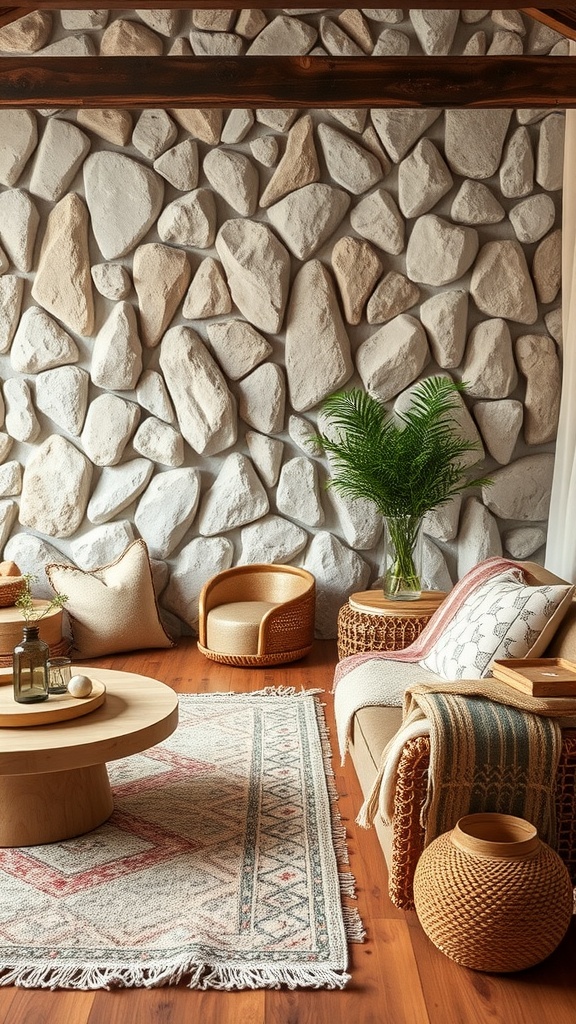 A cozy living room featuring a stone wall, wooden furniture, and soft textiles