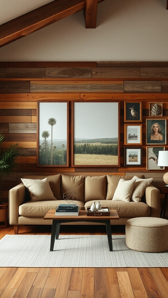 A rustic living room with nature-inspired wall art and wooden accents.