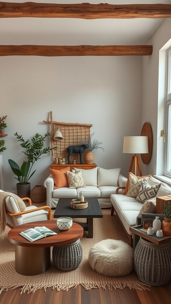 A cozy rustic living room featuring neutral color palettes with comfortable furniture and decorative plants.