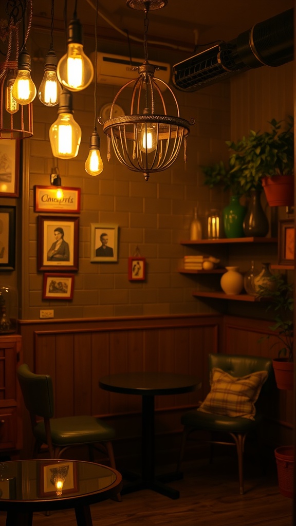 A cozy room with vintage lighting fixtures, including a decorative chandelier and filament bulbs, creating a warm atmosphere.