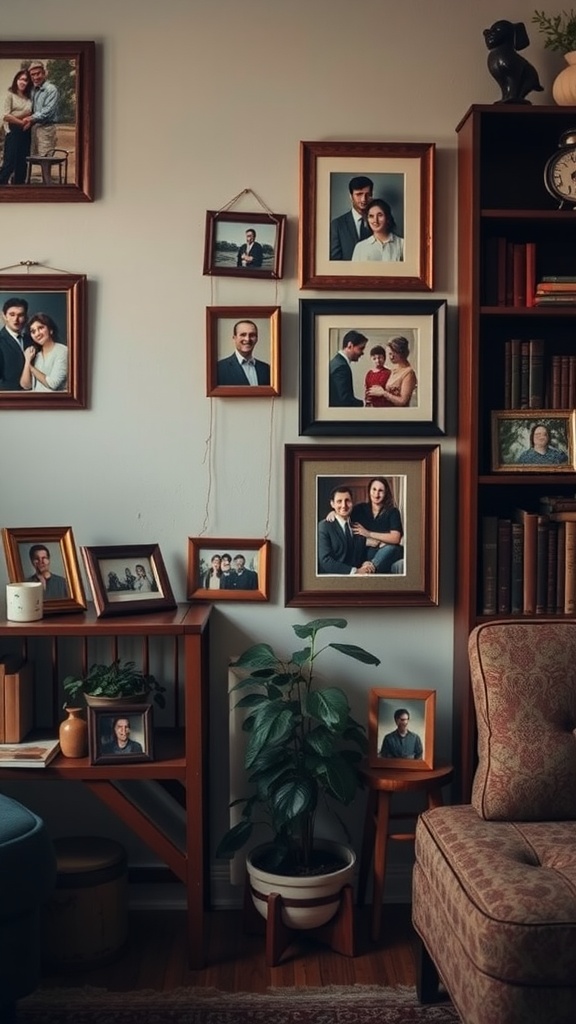 A collection of vintage photo frames displaying family portraits on a wall