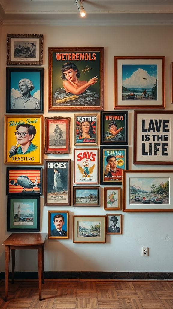 A wall filled with vintage artwork, featuring portraits, advertisements, and scenic landscapes, accompanied by a small wooden table.