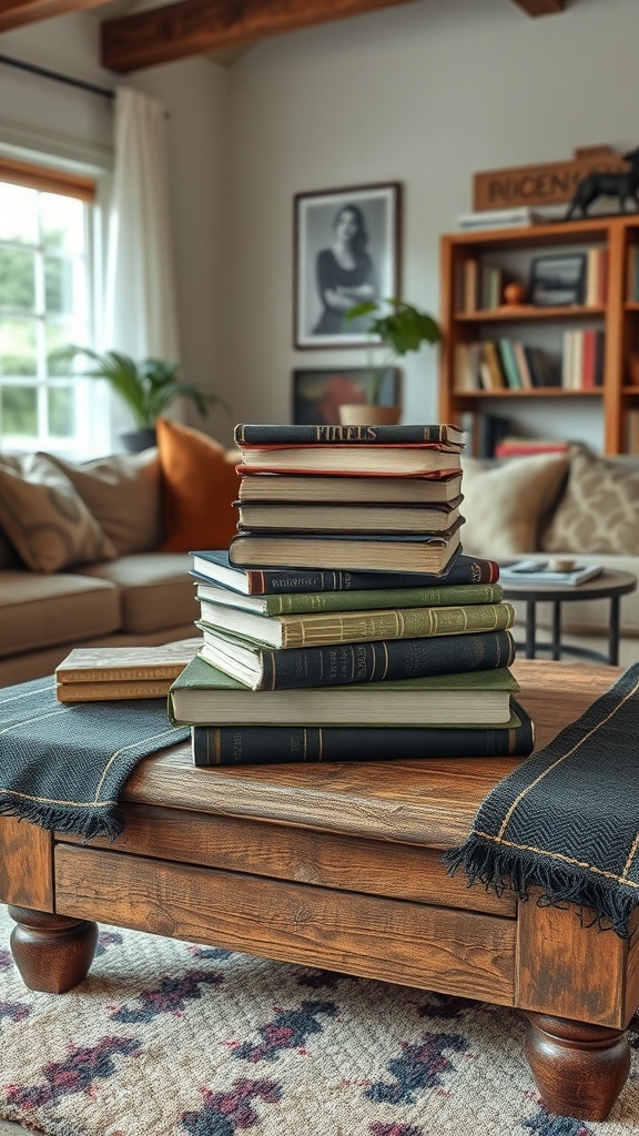 A stack of old books on a wooden coffee table in a cozy living room setting.