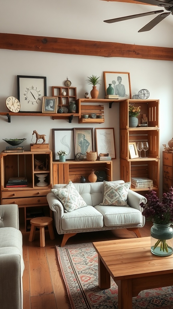 A cozy living room featuring old wooden crates as shelves, displaying books and decorative items.