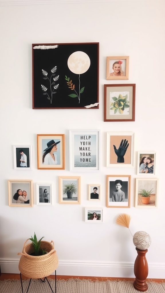 Gallery wall with personalized artwork and framed photos