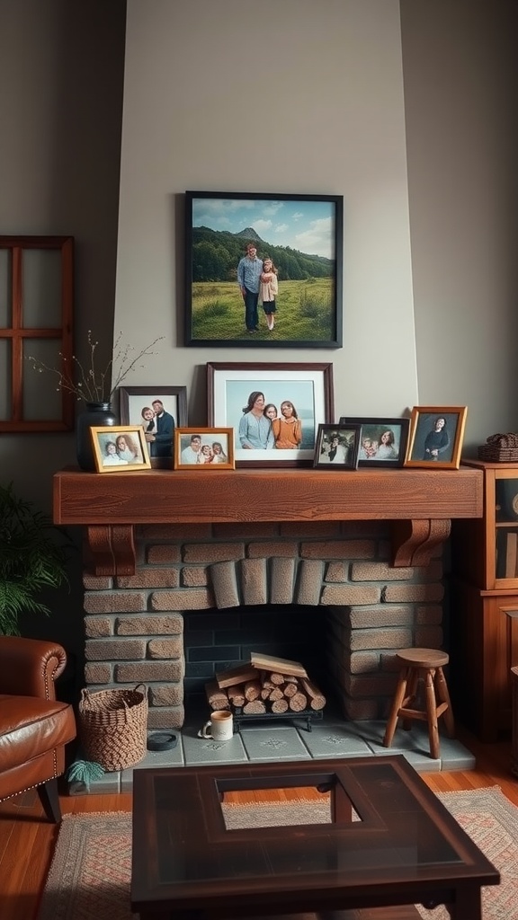 A rustic living room with a fireplace decorated with family photos in various frames.