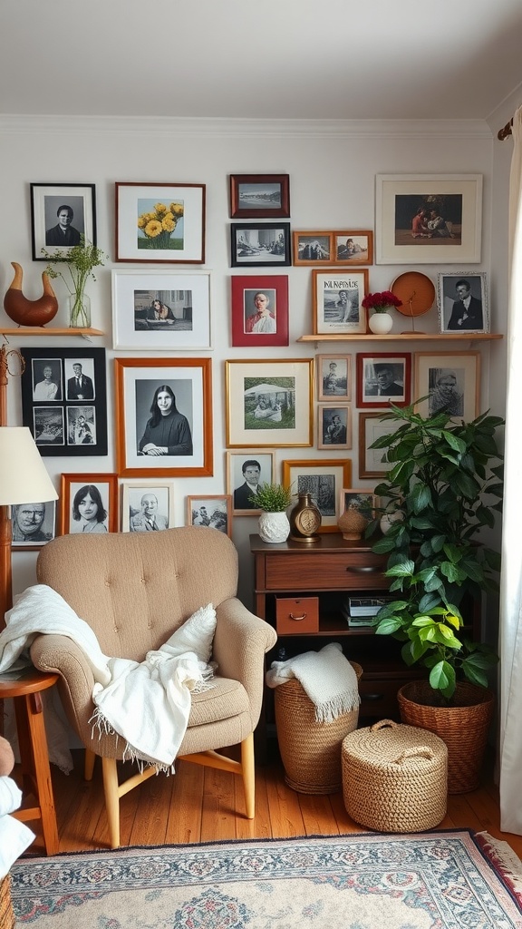 A cozy corner featuring a variety of framed photographs on a wall, a comfortable chair, and decorative plants.