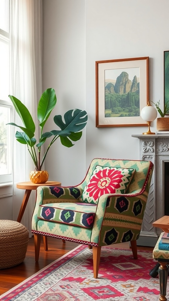 A colorful boho chic accent chair with a floral pillow, next to a wooden side table and a large plant.