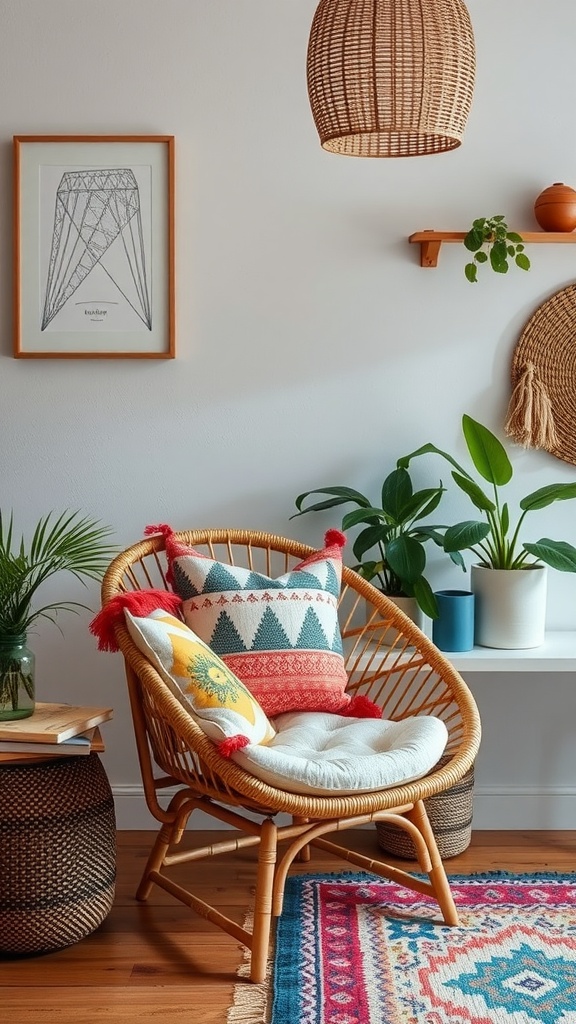 A cozy rattan chair with colorful pillows, surrounded by plants and decorative items in a bright room.