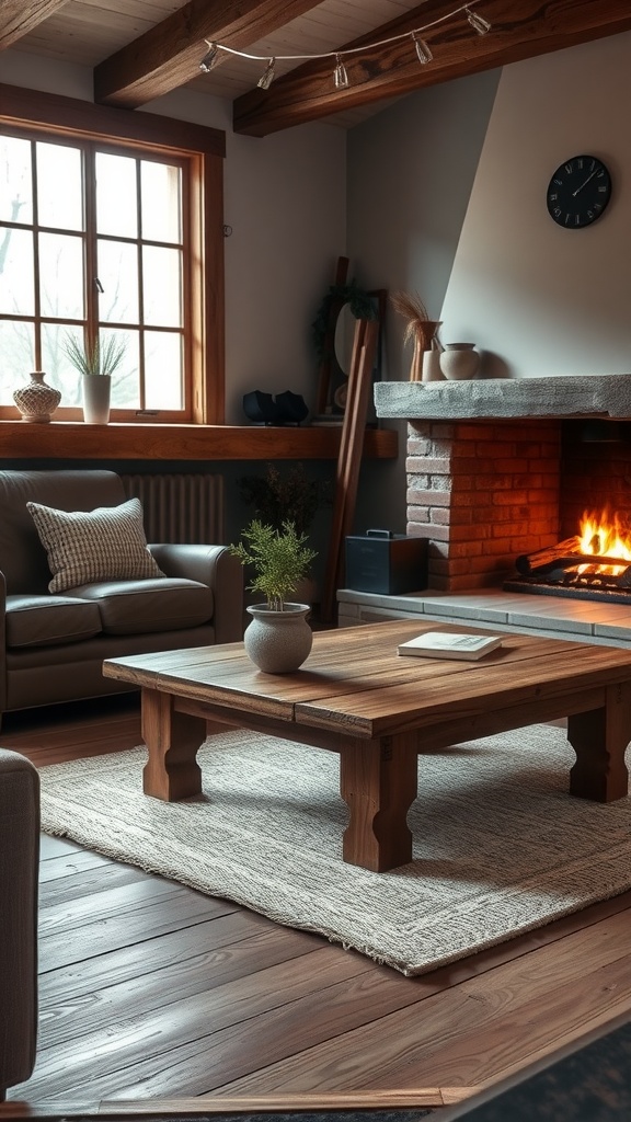 A rustic living room featuring a reclaimed wood coffee table, a cozy fireplace, and comfortable seating.