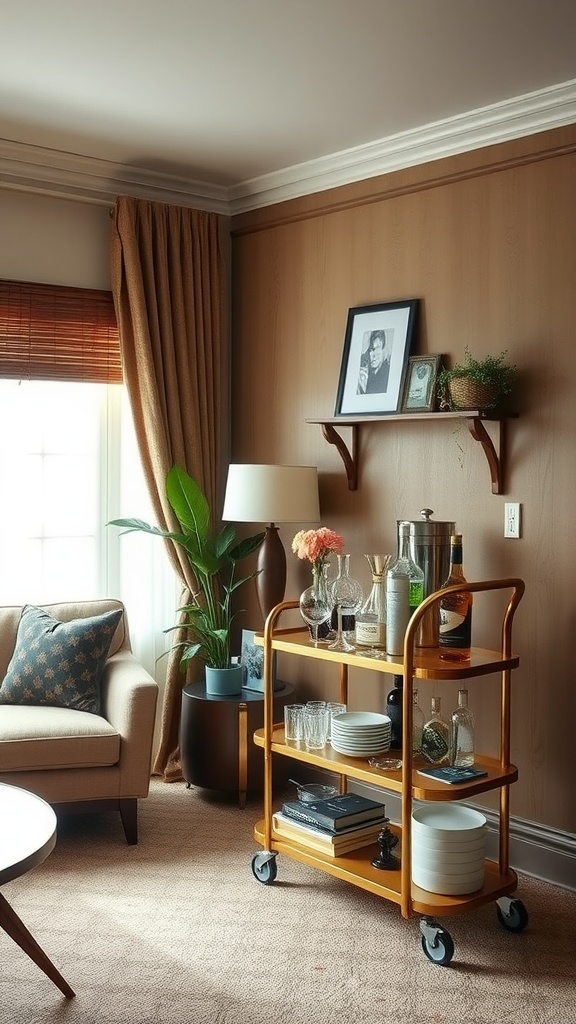 A stylish wooden bar cart with assorted bottles, glasses, and decorative items in a cozy living room setting