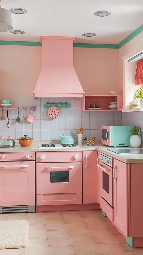 A vintage-inspired kitchen featuring soft pink cabinets and mint green accents.