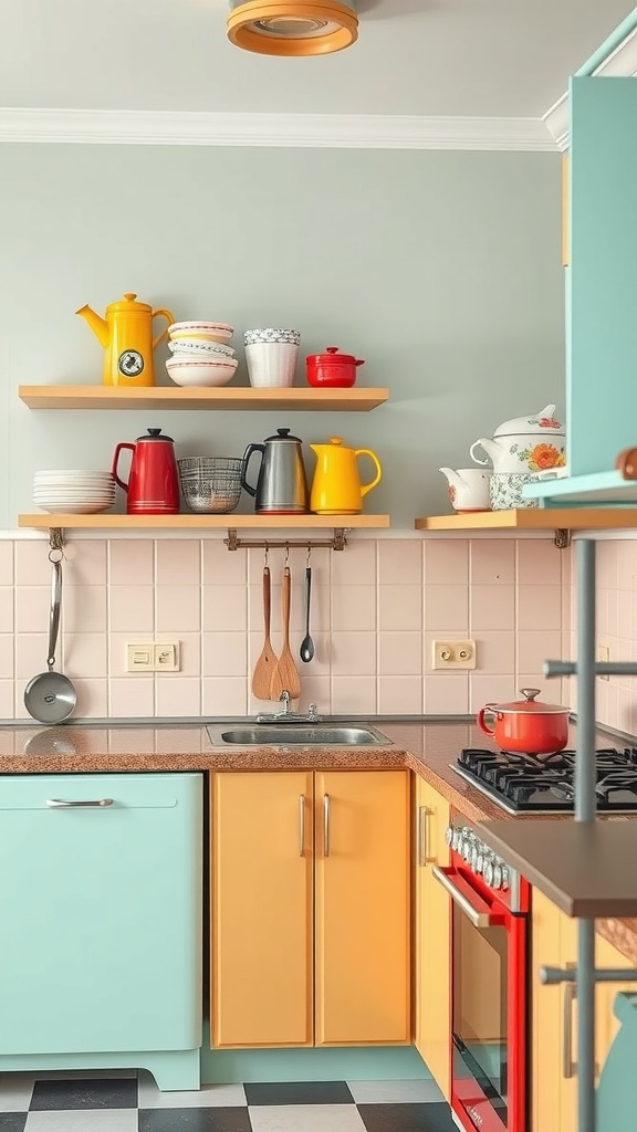 A colorful retro kitchenware display featuring teapots, bowls, and utensils on shelves.