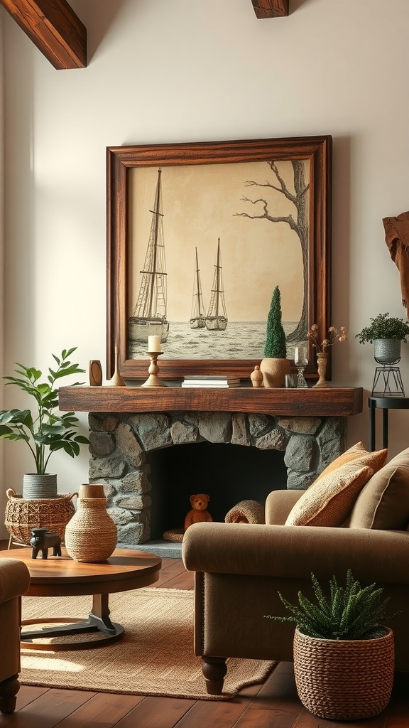 A cozy rustic living room featuring framed artwork of sailboats, a stone fireplace, and natural decor elements.