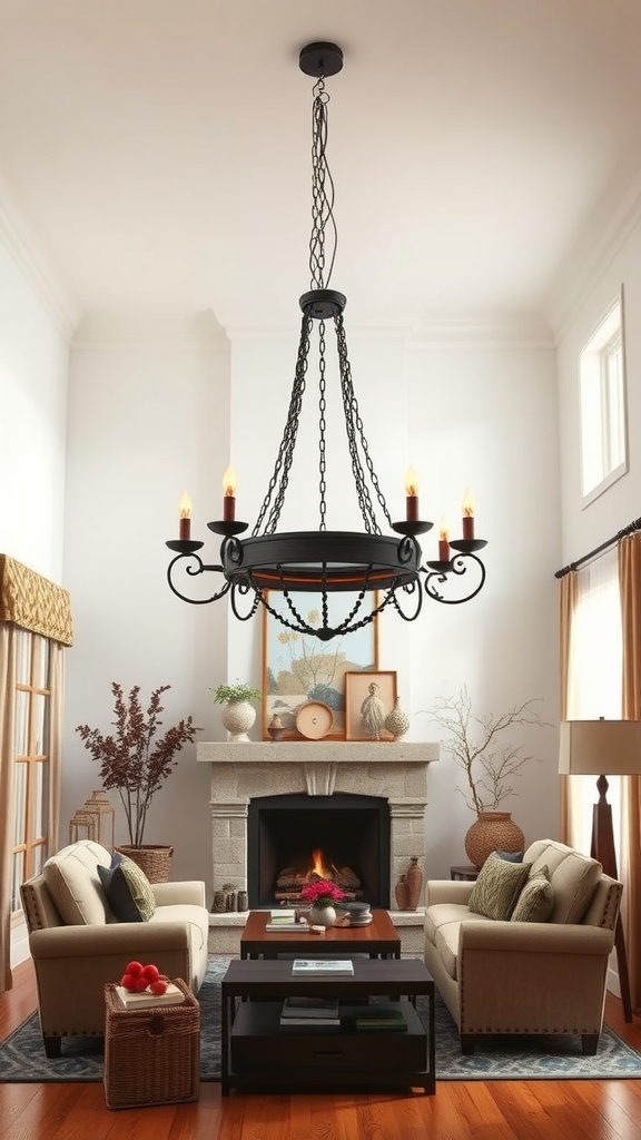 A rustic living room featuring a black wrought-iron chandelier with candle-like bulbs, cozy sofas, and a fireplace.