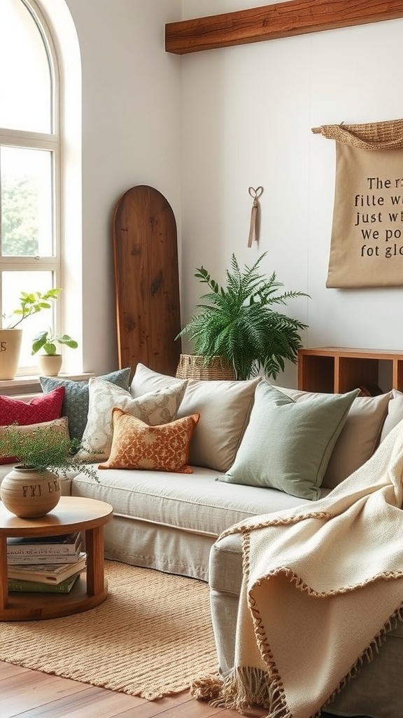 A cozy rustic living room with a neutral sofa, colorful throw pillows, a wooden coffee table, and a natural plant.