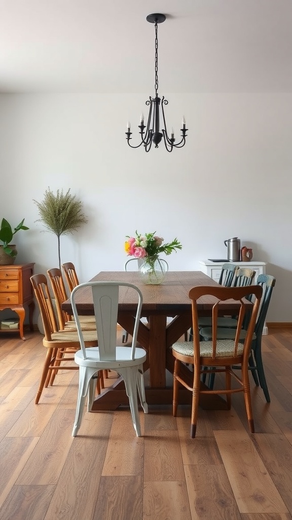 A rustic wooden farm table surrounded by colorful chairs, with a chandelier overhead and a vase of flowers on the table.