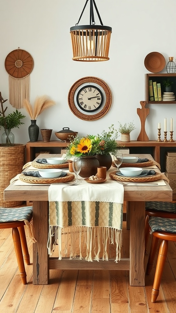 A cozy dining area featuring a rustic wooden table with a striped table runner, woven placemats, and a pendant light, complemented by boho chic decor.