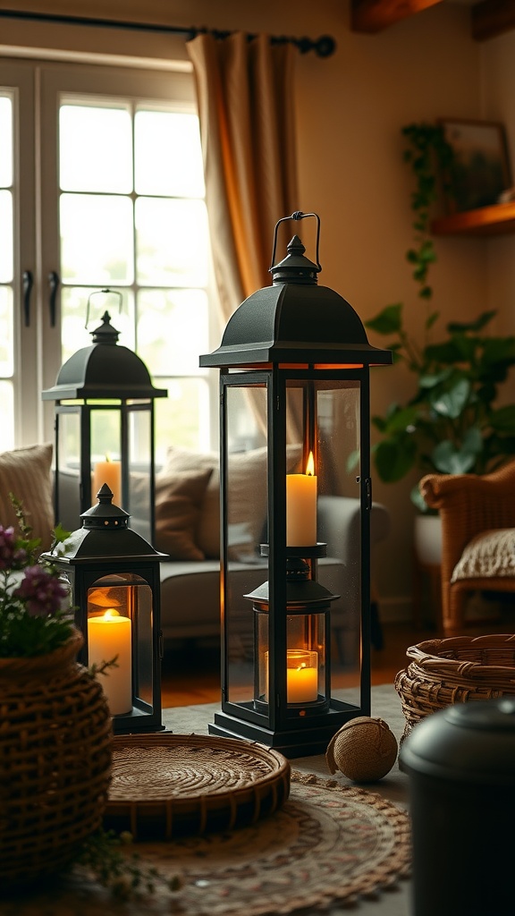 Rustic lanterns with candles illuminating a cozy living room setting