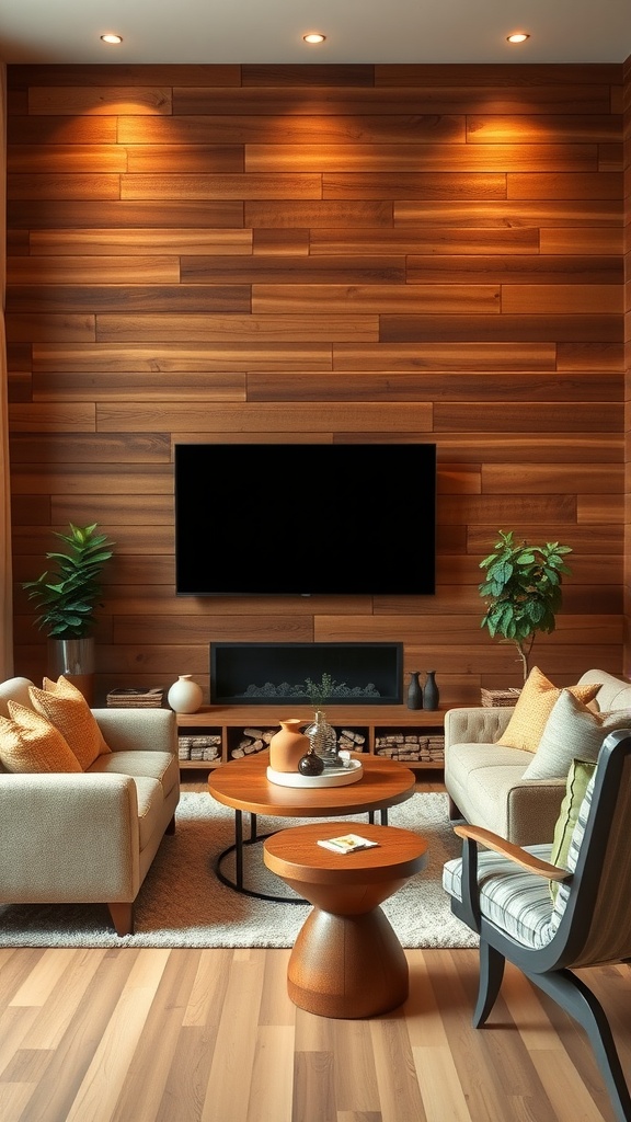 Living room with rustic wooden wall panels, modern furniture, and warm lighting.