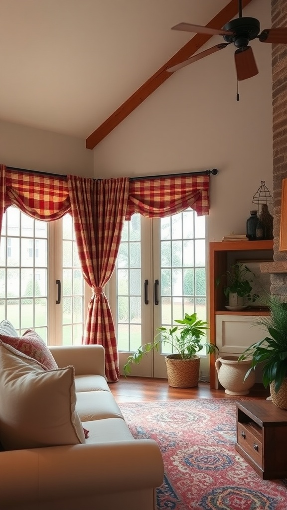 A cozy rustic living room with red and white check curtains framing large windows, complemented by green plants and wooden accents.