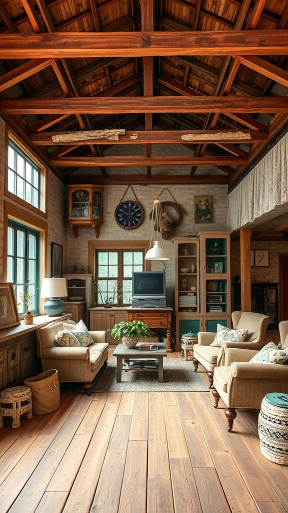 A cozy living room featuring rustic wooden beams on the ceiling, comfortable furniture, and a warm ambiance.