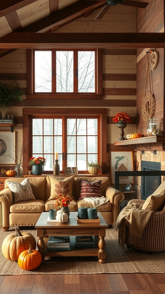 A cozy rustic living room decorated for autumn with pumpkins and colorful flowers.