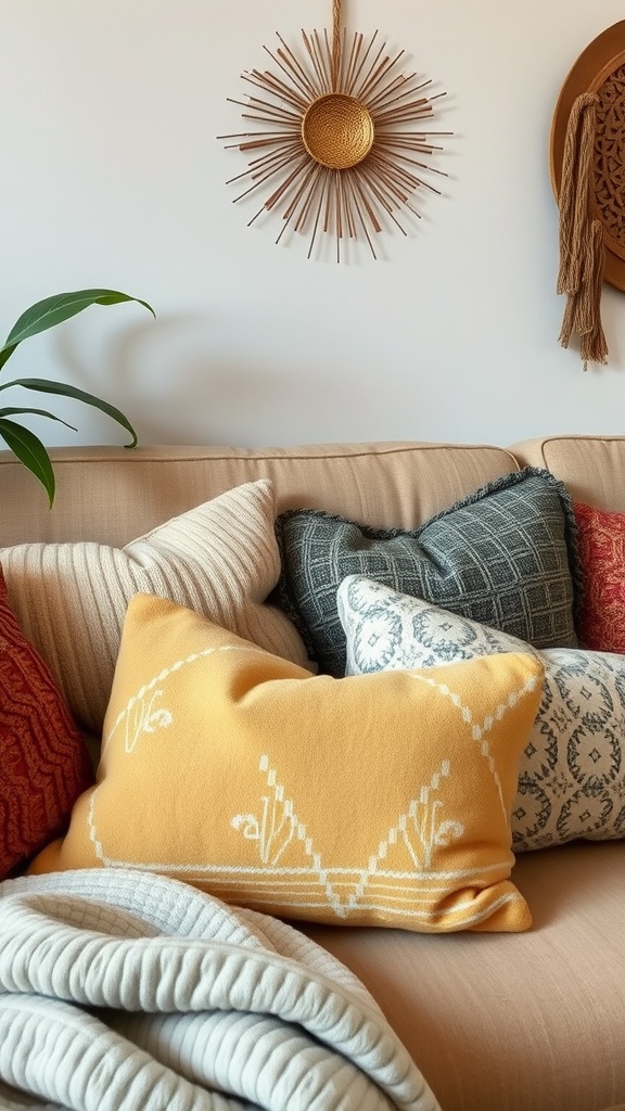 A cozy sofa adorned with colorful soft textured pillows and a blanket.