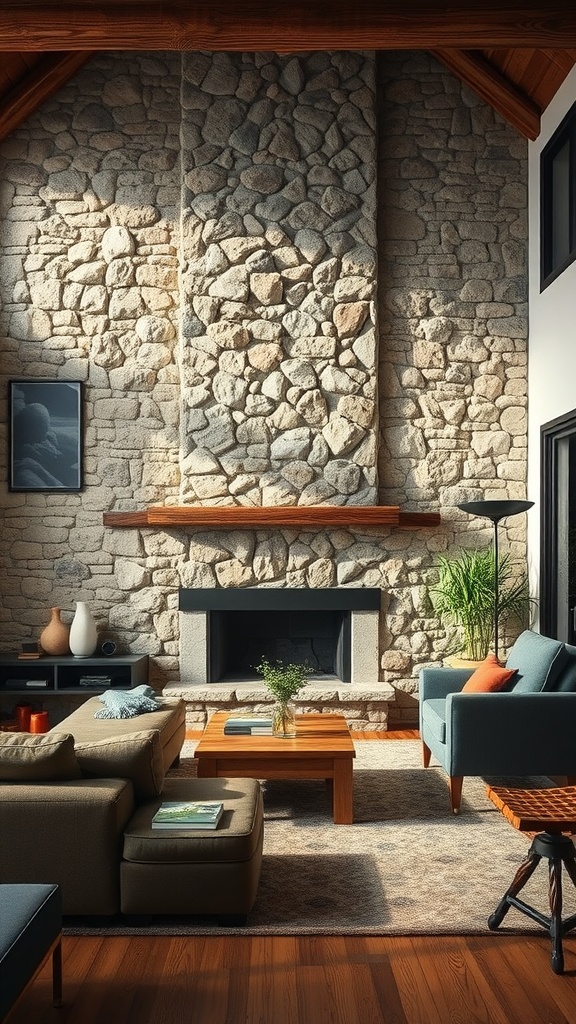 A rustic living room featuring a stone accent wall with wooden accents and modern furniture.