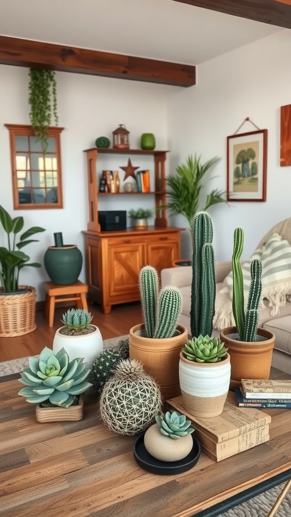 A cozy living room featuring a coffee table adorned with various succulent and cactus arrangements, showcasing different shapes and pots.