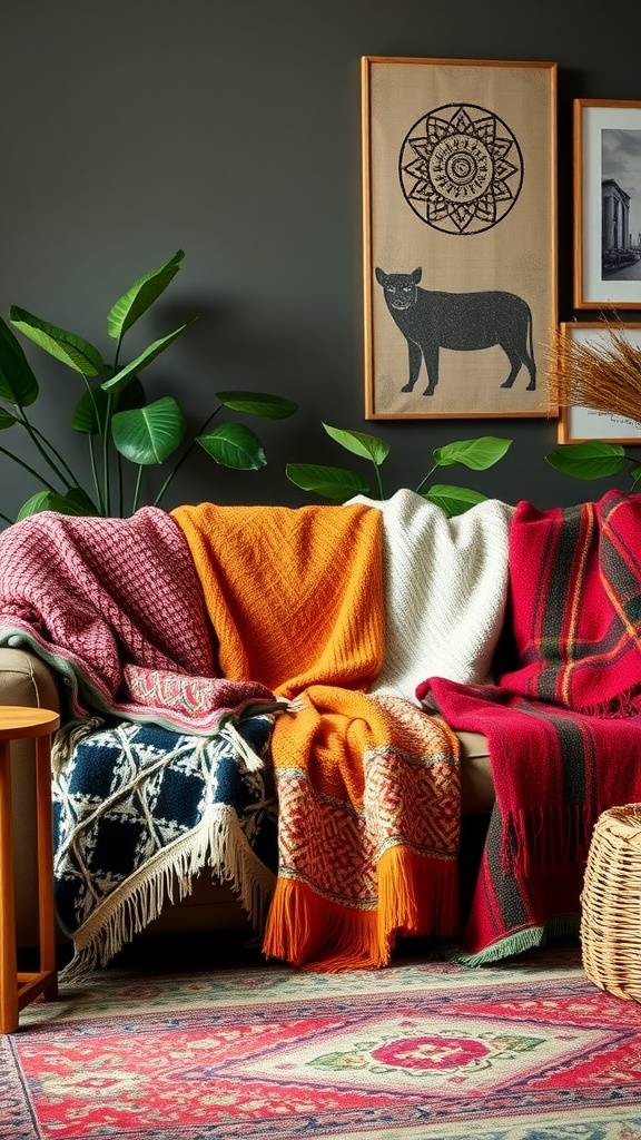 A cozy sofa with various textured throws and blankets in vibrant colors.