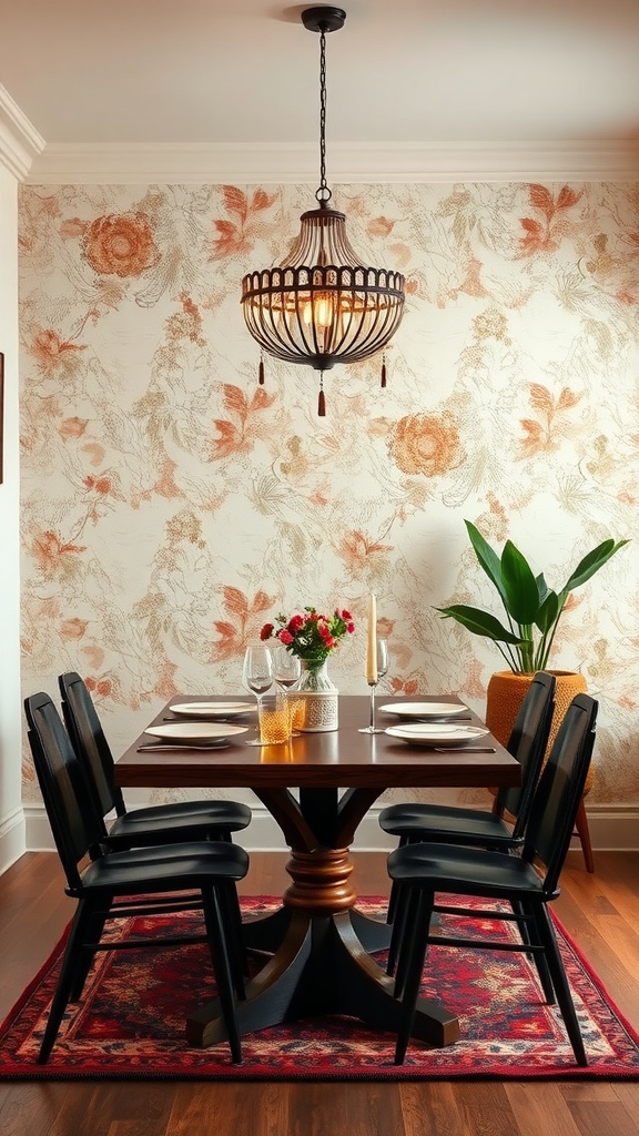 A cozy dining area featuring a table set with dishes, surrounded by black chairs, and adorned with floral wallpaper and a stylish chandelier.