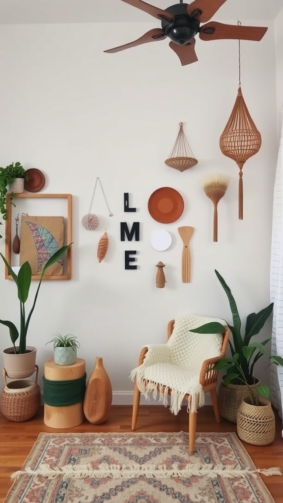 A cozy boho chic corner featuring a mix of DIY decor, plants, and unique wall art.