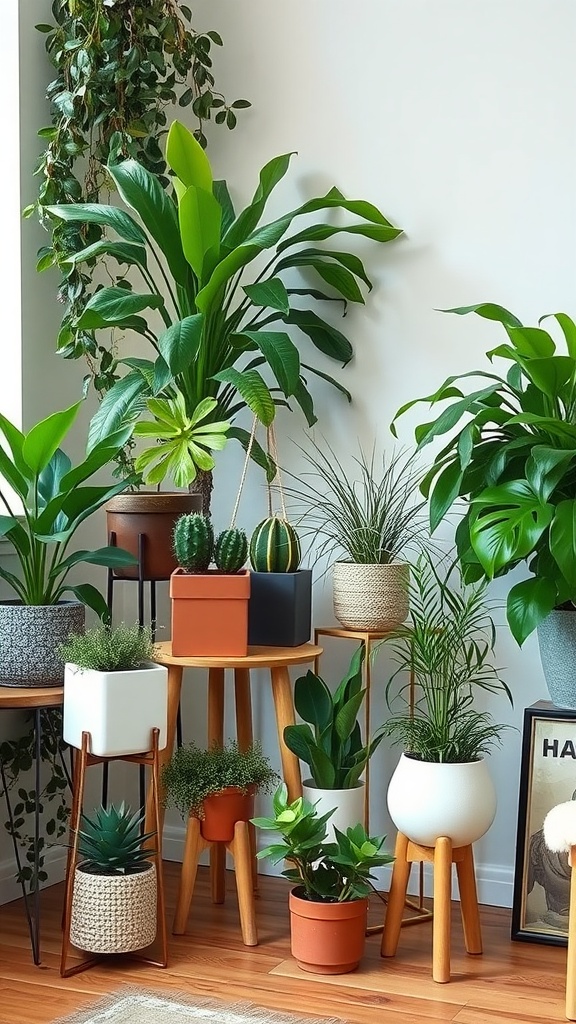 A collection of unique plant stands displaying various plants in a stylish indoor setting.