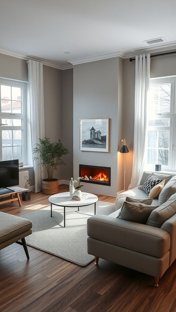 Cozy Scandinavian living room with layered lighting, featuring a floor lamp, natural light from windows, and a fireplace