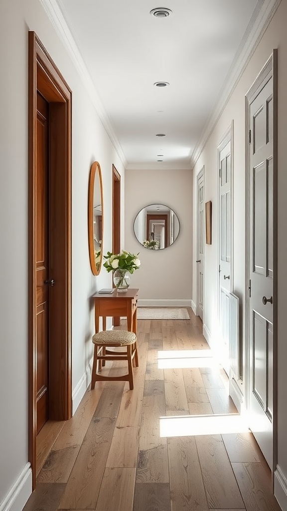 A well-lit hallway featuring two mirrors on the walls, enhancing space and light.