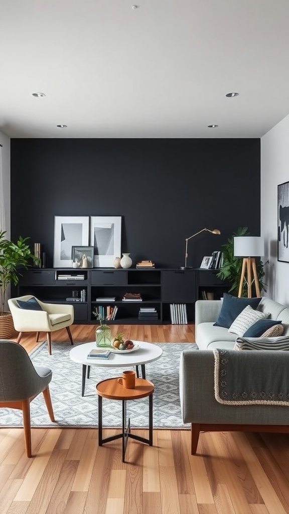 A stylish Scandinavian living room featuring functional furniture, natural tones, and green plants.