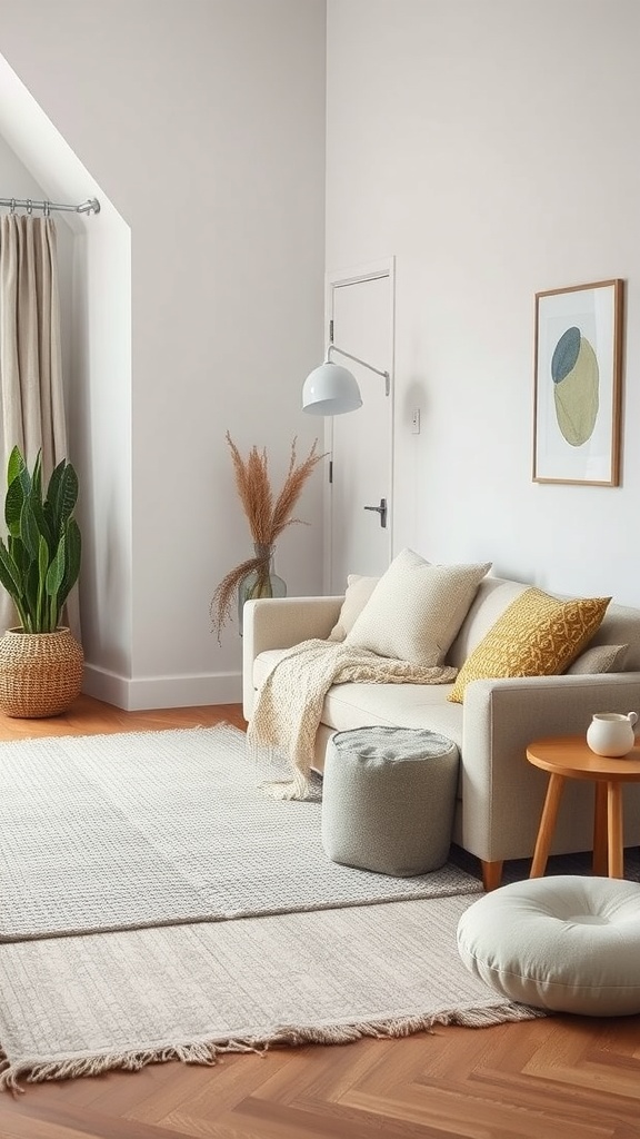 A cozy Scandinavian living room featuring neutral textures, soft cushions, and natural elements.