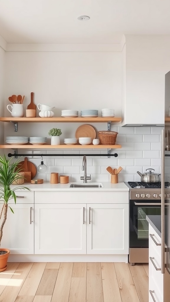 A bright kitchen featuring open shelving with neatly arranged dishes, wooden utensils, and a small plant, emphasizing Scandinavian design.