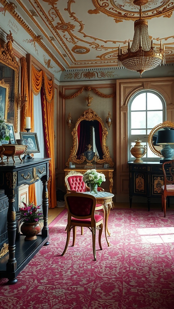 A Victorian inspired room with ornate decor, rich colors, and elegant furnishings.