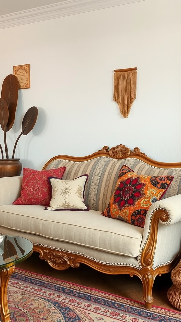 A vintage sofa with colorful pillows and decorative elements in a boho chic living room.