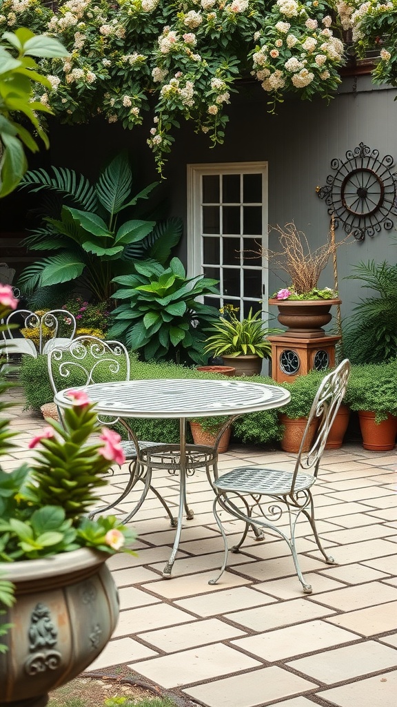 A vintage garden setting featuring a metal table and chairs surrounded by greenery and hanging flowers.