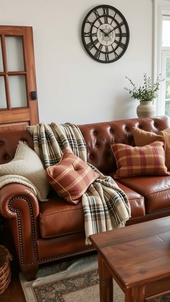 A vintage leather sofa with plaid pillows and throws in a rustic living room setting.