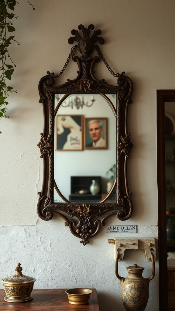 Ornate vintage mirror hanging on a wall with a decorative frame and reflected images in the background.